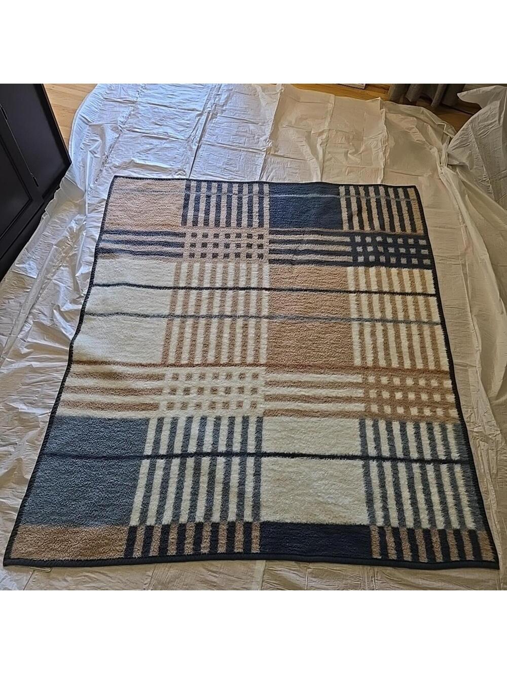 Biederlack of America Throw Blanket Squares Plaid Geometric Blue & Tan 58x66"